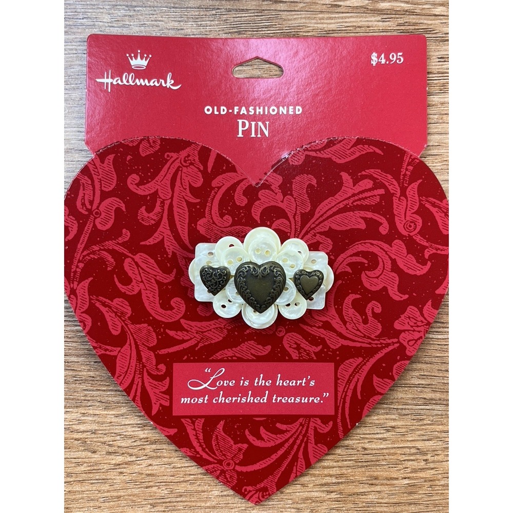 Vintage Hallmark‎ Old Fashioned Pin Brooch White Buttons with Hearts NEW